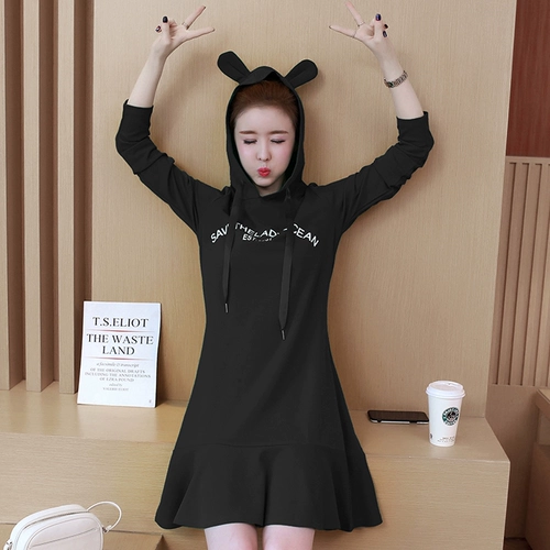 Длинная весенняя толстовка с капюшоном, платье, юбка, большой размер, средней длины, подходит для полных девушек