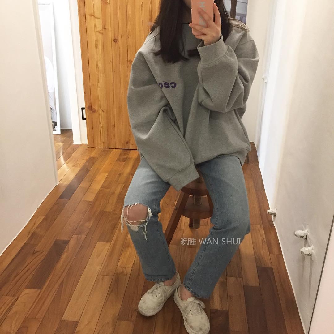 Muỗi ngủ tự chế cotton chất lượng cao CHANCE Hàn Quốc CEC in thư lỏng vòng cổ cộng với nhung áo thun áo len áo khoác thun nữ