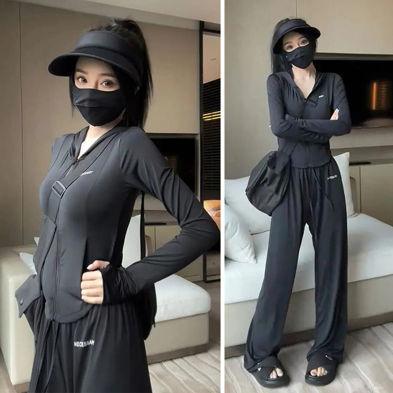 Sun Protection Suit for Women, Summer Black Slimming Ice Silk Quick-Drying Casual Running Sports Outdoor Wide-Leg Pants Travel Two-Piece Set Sun Protection Suit for Women, Summer Black Slimming Ice Silk Quick-Drying Casual Running Sports Outdoor Wide-Leg Pants Travel Two-Piece Set