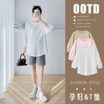 Pregnant women spring clothing 2024 fashionable lantern sleeves pregnant women pure cotton T-shirt bottoming shirt mid-sleeve top three-quarter sleeve spring and summer clothing