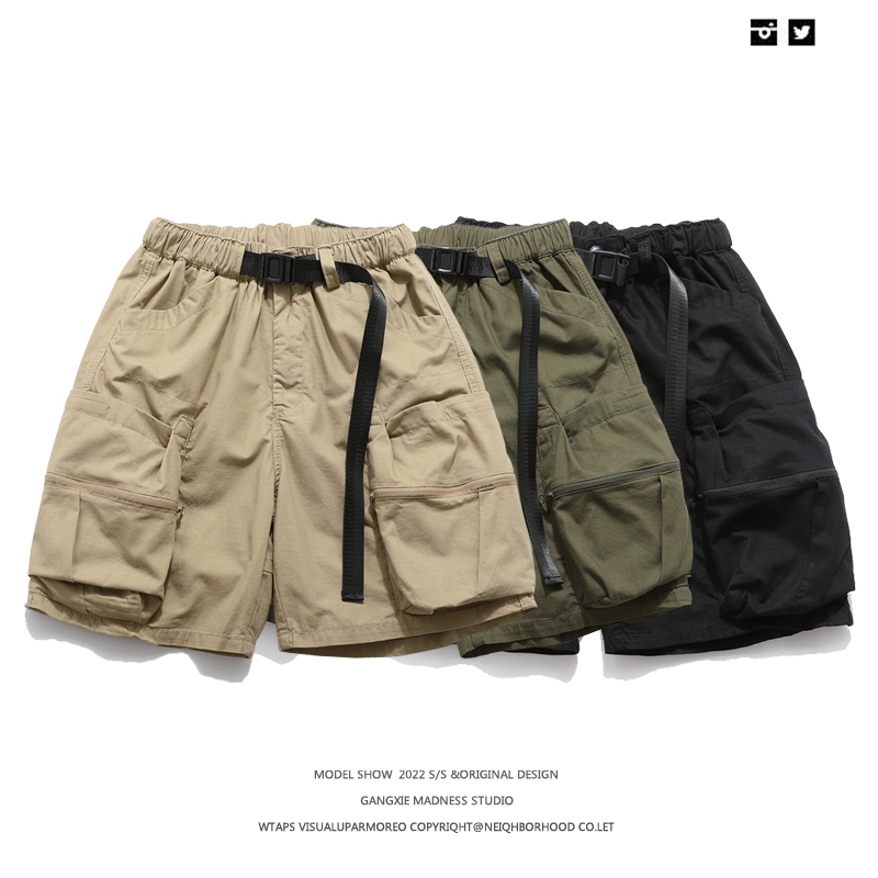 Trendy Military-Style A-Line Cargo Shorts with Large Pockets, Wide-Leg Five-Point Pants, Fashionable Summer Versatile Loose Pants for Men