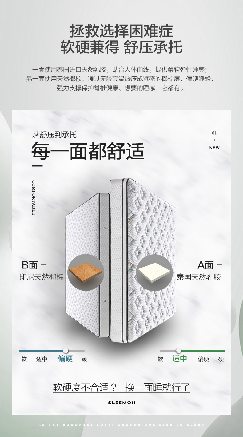 喜临门 云朗系列 椰棕独立弹簧乳胶床垫 软硬两用 1.8*2m*23cm 图6