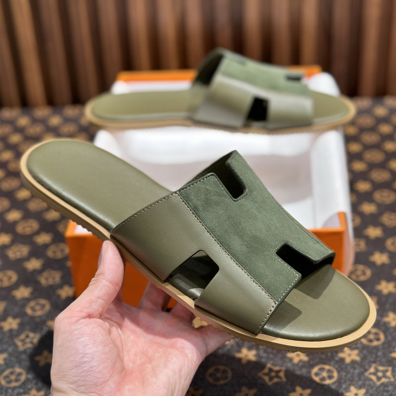 European Style Comfortable Genuine Leather Outdoor Trendy Men's H-Shaped Slippers, Designer Brand Slide Sandals, European Goods, Green Summer Fashion