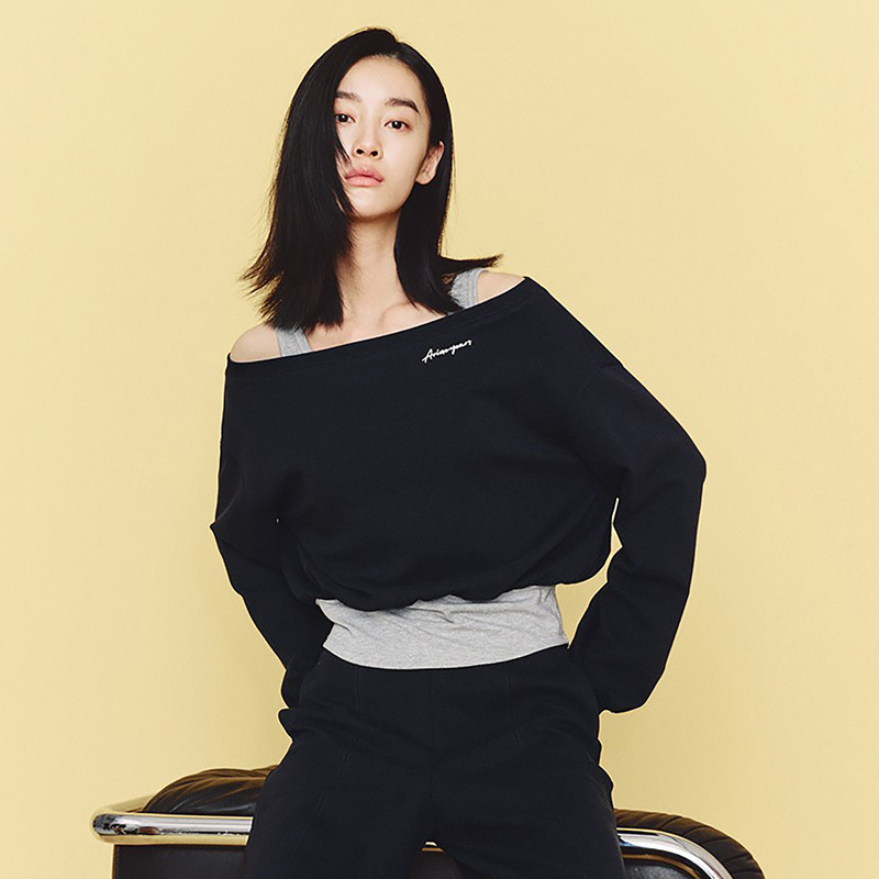 Ariose Casual Style One-Shoulder Fake Two-Piece Sweatshirt Women's Fashionable Short Top Jacket