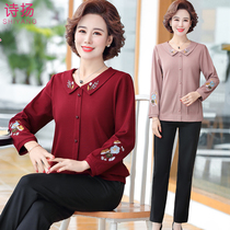 Mothers 2021 new spring and autumn dress foreign style small shirt set middle-aged and elderly womens fashion two-piece knitted top