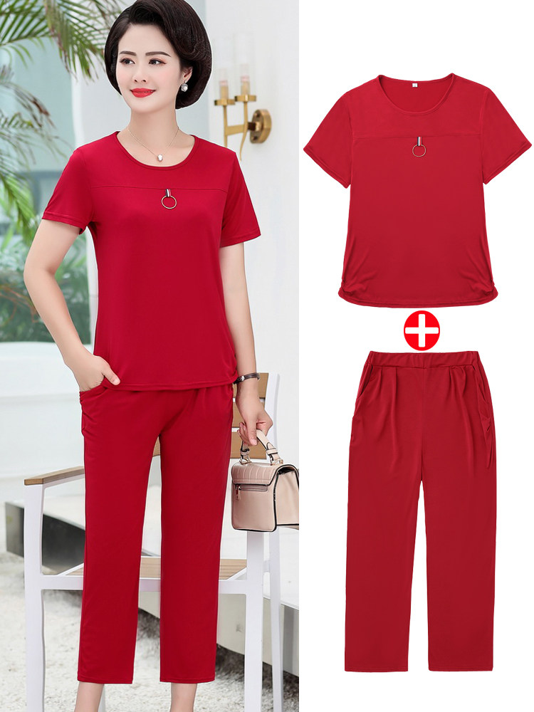 Mom summer suit 2021 new middle-aged and the elderly short-sleeved t-shirt two-piece set middle-aged women's western-style top clothes