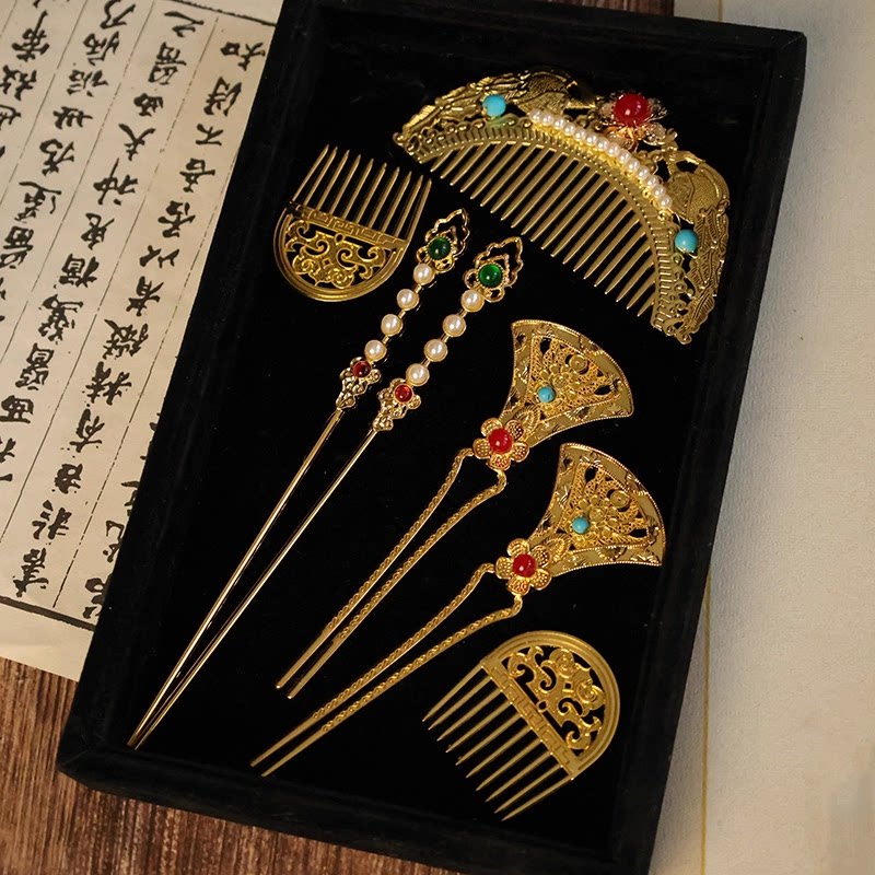 Tang Dynasty style gold restoration hair accessories, rich and noble court set, ancient Hanfu hairpins, hair combs, Warring States period headdress