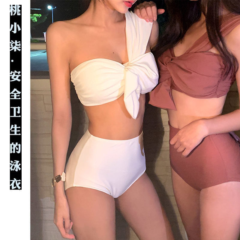 2020 new Korean simple bikini sexy slanted shoulders small chest gather high waist cover belly thin split swimsuit women