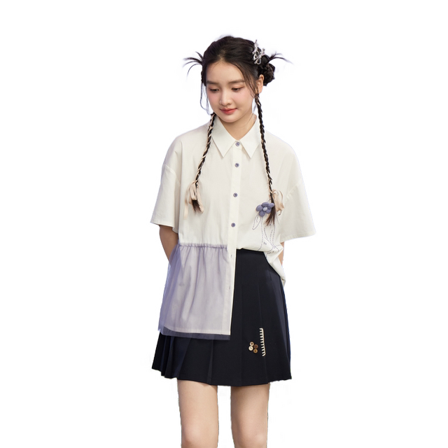 Zihan lapel short-sleeved long shirt for women summer new age-reducing casual design embroidered mesh loose shirt