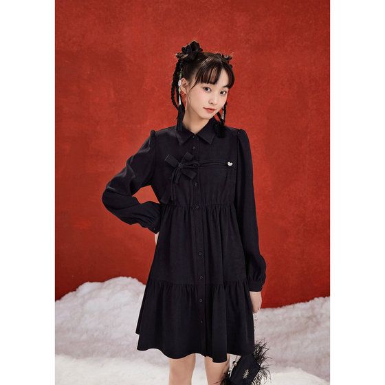 Zihan Chinese New Year's New Year's Dress Winter New National Fashion Girl's Bow Knot Button A-Line Sweet Dress