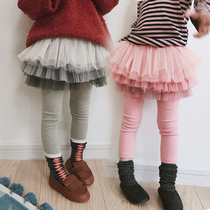 Girl Pure Cotton Mesh Yarn Fluffy Skirt Pants Spring Autumn Thin childrens baby girls fake two foreign air outwear pants