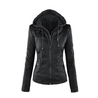 Jacket Women Hood zipper coat Leather clothing 女皮衣夹克