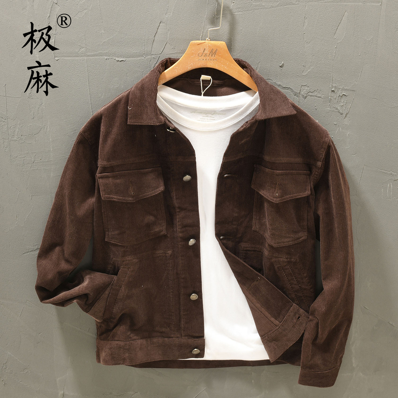 Vintage Brushed Corduroy Workwear Casual Jacket for Men, Large Size, Loose Fit, Versatile Pure Cotton Top, Trendy Coat