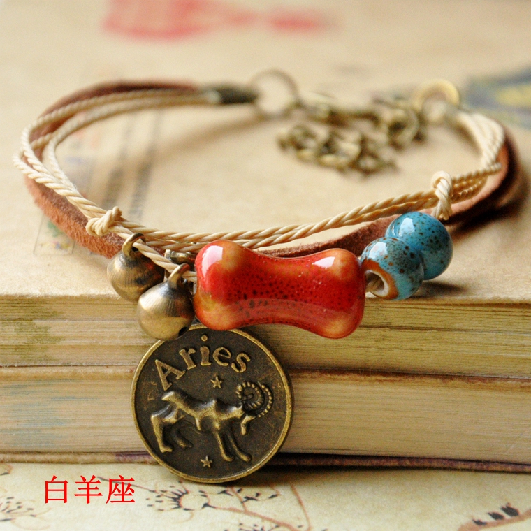 Trang sức thủ công gốc Jingdezhen Trang sức gốm sứ 12 chòm sao vòng tay unisex có thể điều chỉnh vòng tay tỳ hưu