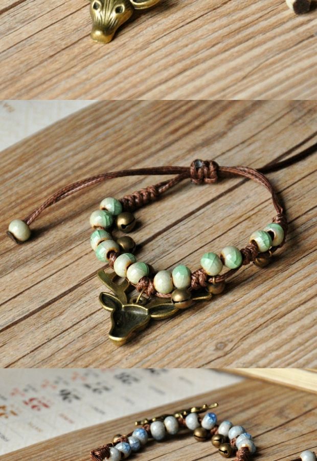 Sáng tạo phong cách dân tộc miệng Jingdezhen vòng đeo tay gốm retro hươu đầu thẻ trang sức thủ công dệt tay điều chỉnh vòng tay gỗ sưa