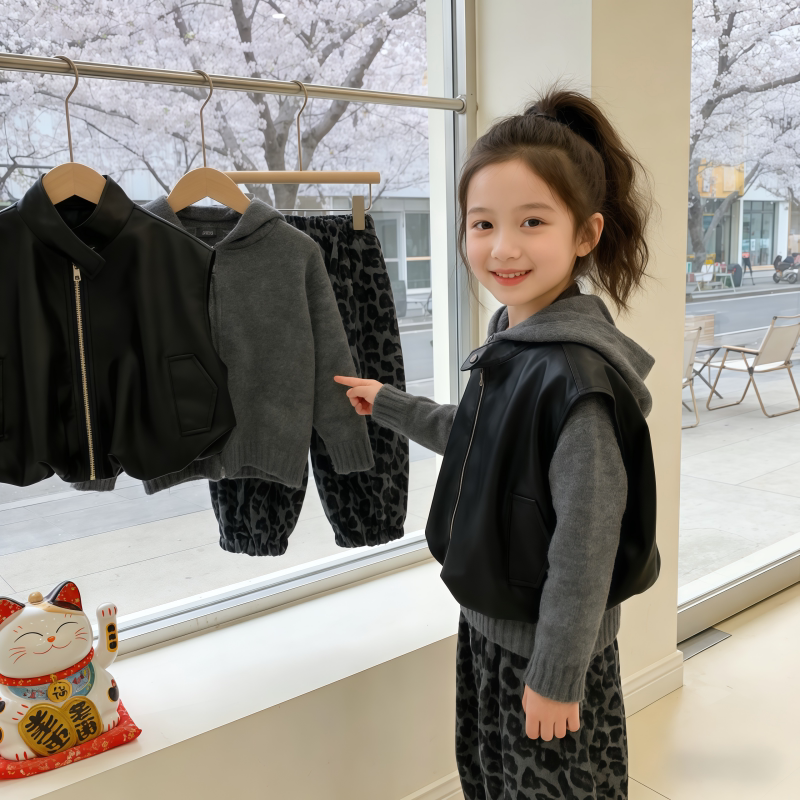 Girls' 2026 Spring New Comfortable Vest Three-Piece Set, Unisex Baby Casual Hooded Sweater and Pants Set, Trendy