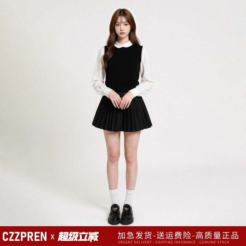 Czzpren 2025 New Round Neck Knitted Vest Sweater College Style Korean Style Women's Autumn and Winter