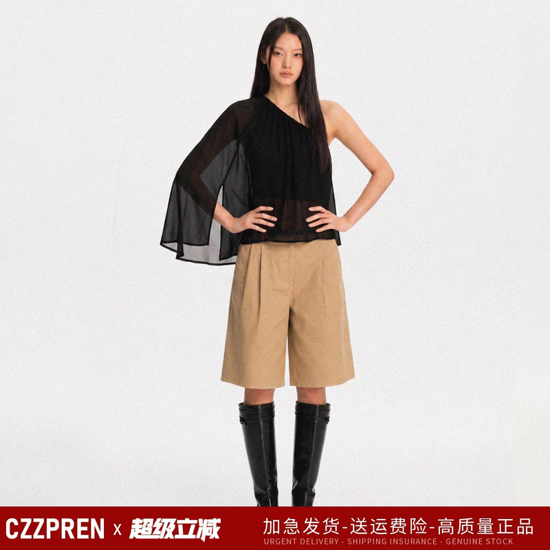 Czzpren Cupro Fabric Loose-Fitting Asymmetrical Shoulder Design Asymmetrical Hem Top Anti-Exposure Faux Two-Piece Czzpren Cupro Fabric Loose-Fitting Asymmetrical Shoulder Design Asymmetrical Hem Top Anti-Exposure Faux Two-Piece