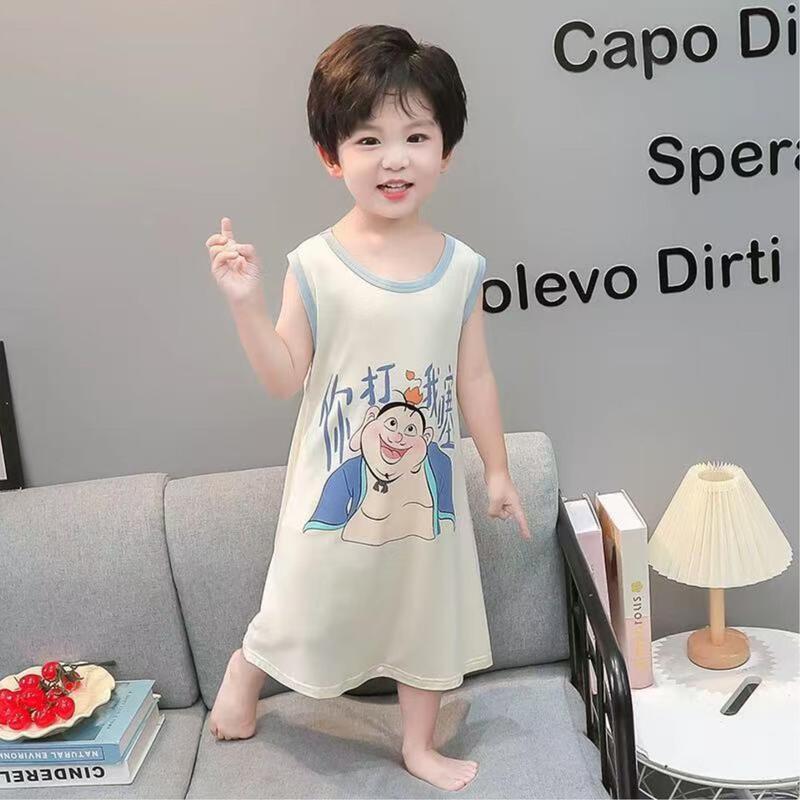 Boys' One-Piece Pajamas, Summer Thin Modal Children's Nightgown, One-Button Cartoon Loungewear, Boys' Air-Conditioning Clothing