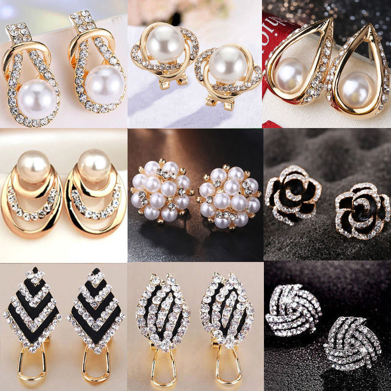 2 pairs] Korean version S925 silver ear studs simple fashion geometric diamond ear studs female sweet and elegant pearl earrings