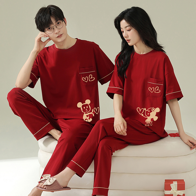 Red Couple Pajamas Summer Pure Cotton Wedding Short-Sleeved Long Pants Newlywed Set Men and Women Festive Zodiac Year Home Clothes