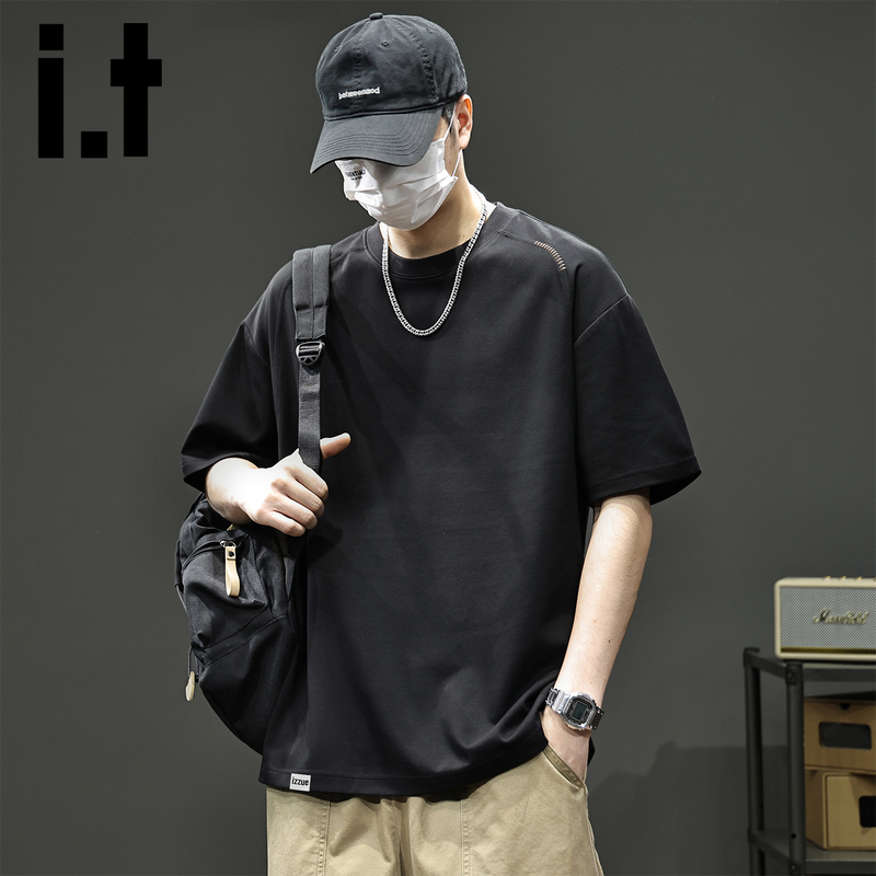 It Izzue American-Style Modal Ice Silk Black Short-Sleeved Men's Summer Trendy Brand Simple Casual Style Round Neck T-Shirt Y