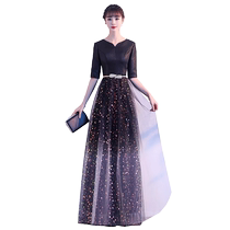 Black starry night evening dress for women 2024 new style dignified and elegant banquet temperament annual meeting host long style slimming