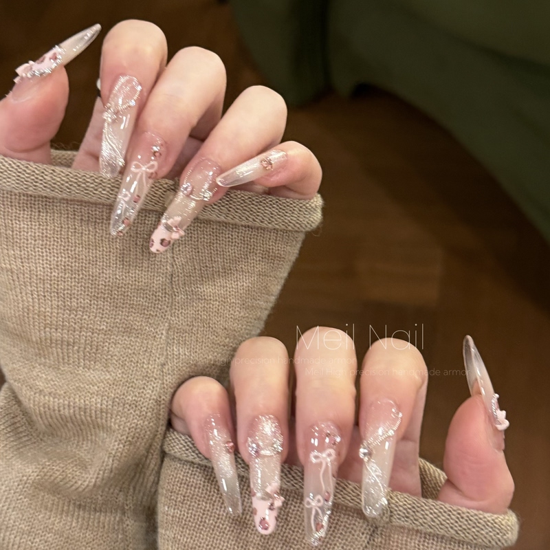 Meil Nail Sweet Hit: Mid-Length Sweet Girly Pink Leopard Print Cat-Eye Handmade Wearable Nails