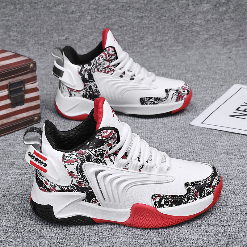 Basketball shoes for boys and children spring and autumn leather surface waterproof national tide high top non-slip wear-resistant primary school students middle and big children's sports shoes