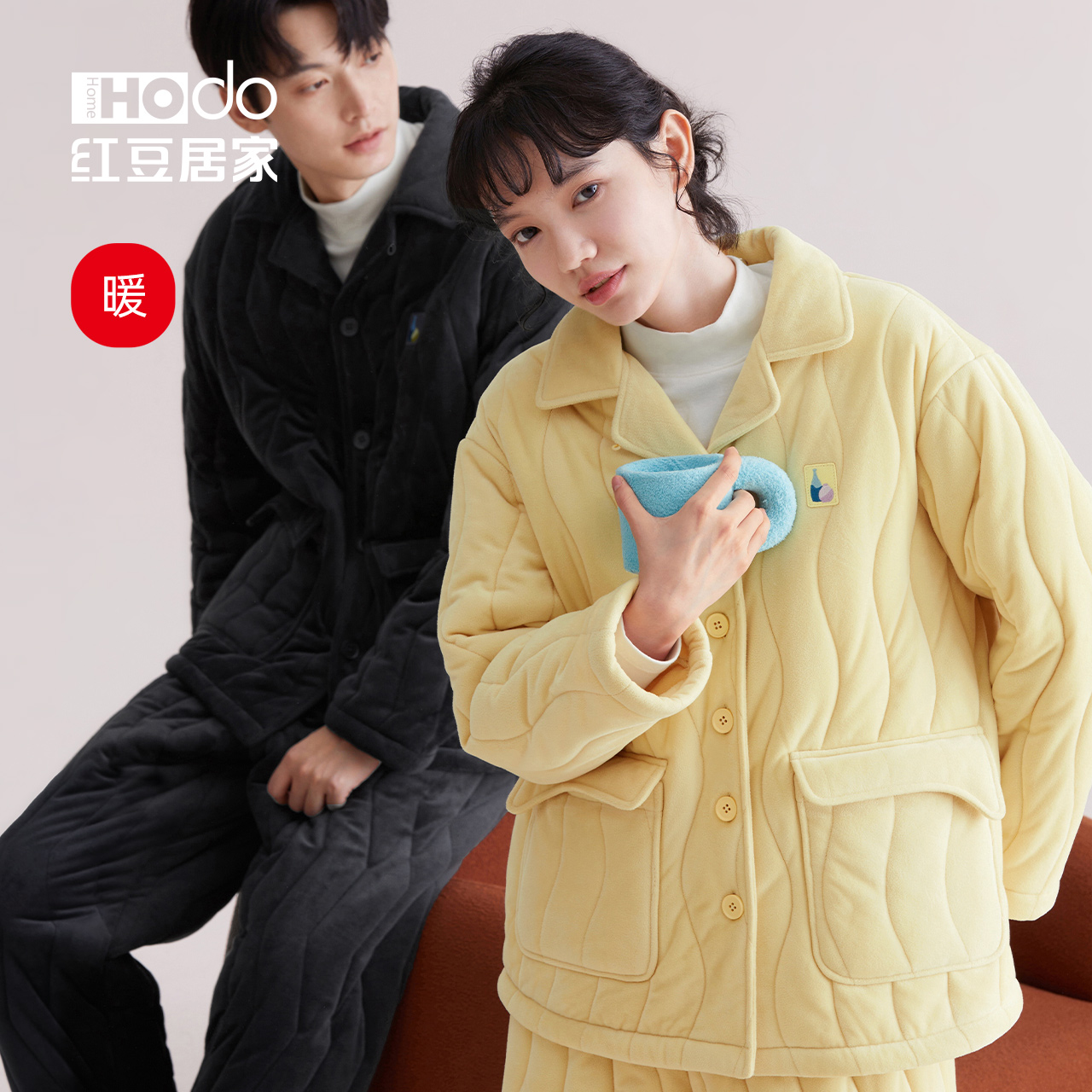 Red Bean Clip Cotton Pyjamas Lovers Triple Layer Thickened Coral Suede Antistatic Woman Plus Suede Home Suit Men Winter-Taobao