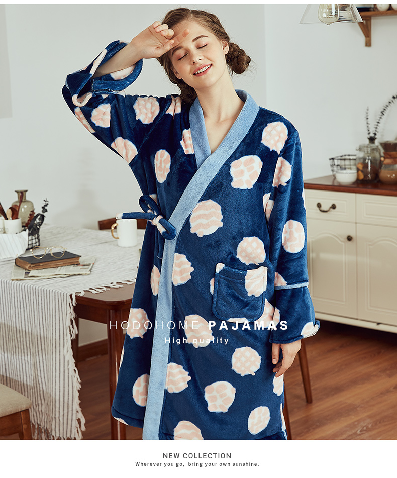 Red bean home san hô nhung áo choàng nữ mùa đông áo choàng dài tay phiên bản Hàn Quốc của dịch vụ nhà ngọt ngào và đáng yêu dày flannel áo ngủ nam cotton