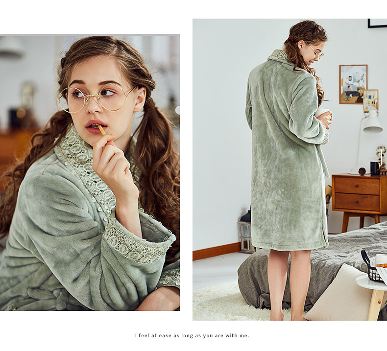 Đậu đỏ nhà mùa đông san hô nhung đồ ngủ nữ cardigan dài đoạn áo choàng dày ấm áp flannel áo choàng tắm nữ áo choàng đôi