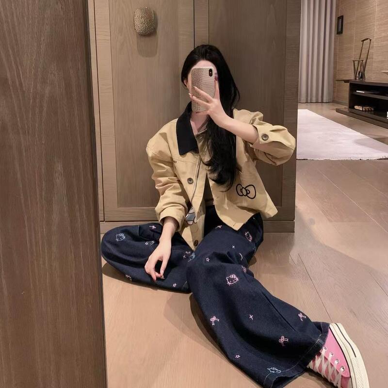 New Japanese Age-Reducing Cat Cartoon Windbreaker Contrasting Lapel Short Outwear Women's High-End Fashionable Jacket Top Trendy