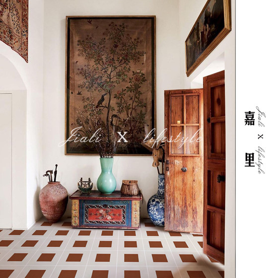 Retro grid simple tiles Foshan origin coffee shop B&B shop decoration tiles balcony bathroom floor tiles