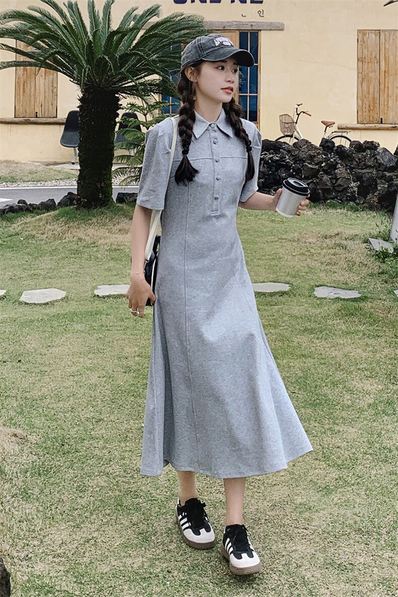 纯色POLO领连衣裙夏季新款泡泡袖修身简约通勤百搭休闲运动风长裙,女装连衣裙,一九零