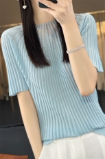 时尚洋气亮片薄款羊毛针织衫短袖女夏季宽松半袖套头T恤冰丝上衣，女装T恤，暖烁羊绒