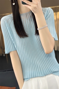 时尚洋气亮片薄款羊毛针织衫短袖女夏季宽松半袖套头T恤冰丝上衣图片