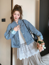 蓝色新中式国风一整套穿搭女2025春季牛仔外套叠穿蕾丝内搭，女装短外套，浙宝192（原082）