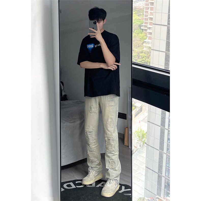 B221美式ins高街暗黑小众修身小脚破洞牛仔裤LK23055-P65控88，男装牛仔裤，电商B221