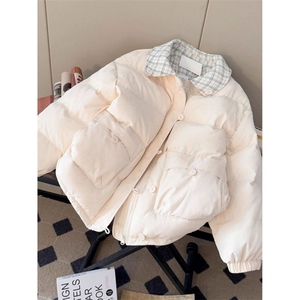 1506-1/M78801/P89冬季新款粉色复古格纹接翻领棉服外套男女情侣图片