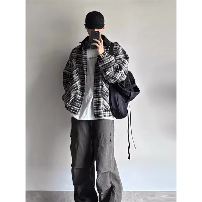 美式复古格纹小香风外套潮牌高级感cleanfit短款翻领夹克男飞行服,男装夹克,星座1210-1