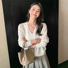 【软黄金·山衫】V领无缝一体针织毛衣慵懒纯色套头打底上衣，女装羊毛衫，泰沅羊绒