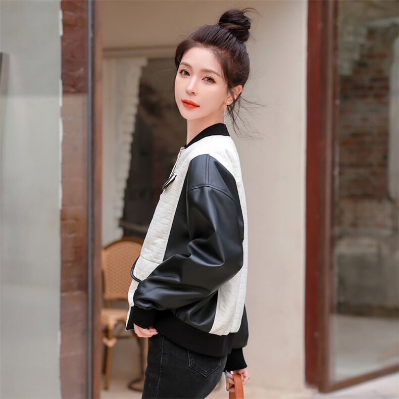 PU皮拼接假两件菱格棒球服女2022秋季新款时尚百搭纯色立领短外套,女装短外套,辉之琳