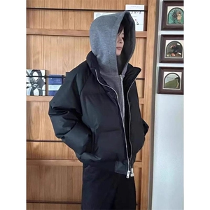 现货高品质重磅工艺美式高街假两件PU皮棉衣男女加厚棉服外套图片