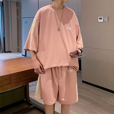 2026夏装华夫格拼接绣花休闲运动套装五分短裤TZ808/P65粉红色，男装休闲套装，电商A094