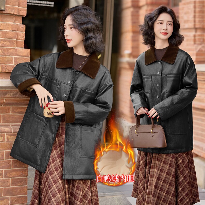 欧版宽松显瘦中长款羽绒皮衣女冬季款设计感口袋PU皮白鸭绒羽绒服,女装羽绒服,跑量工厂店