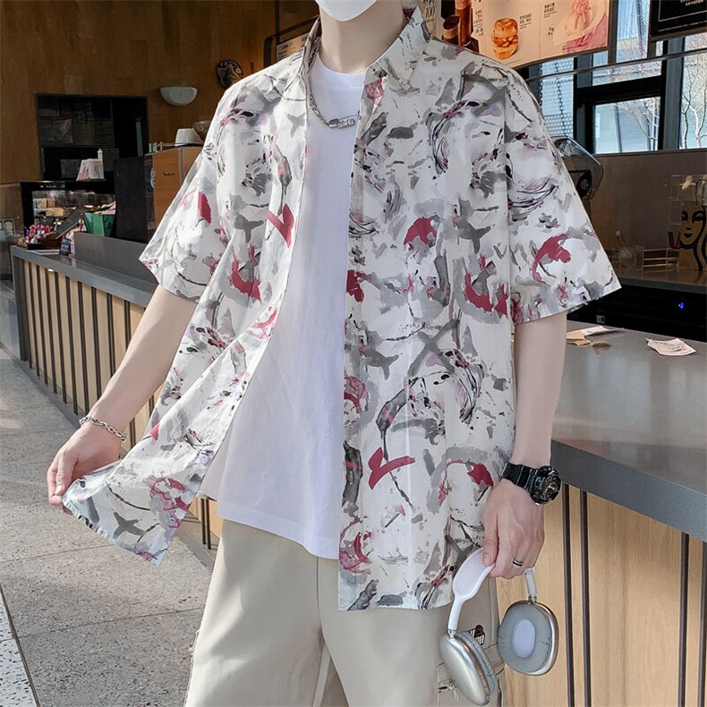 夏男士短袖衬衫纯棉透气时尚休闲冰丝印花宽松衬衣7256P45,男装衬衫,电商A056