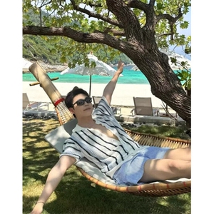 美式条纹镂空针织开衫男网眼透视短袖夏日海岛度假沙滩 TZZ102图片