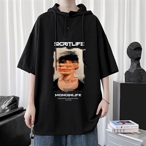 LD54213-P45 连帽短袖t恤男大码胖子带帽五分袖中袖图片