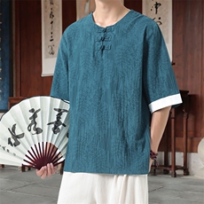 男士衬衫五分袖衬衣中袖印花圆领唐装风XZ1512-2612-P40，男装T恤，星座1512